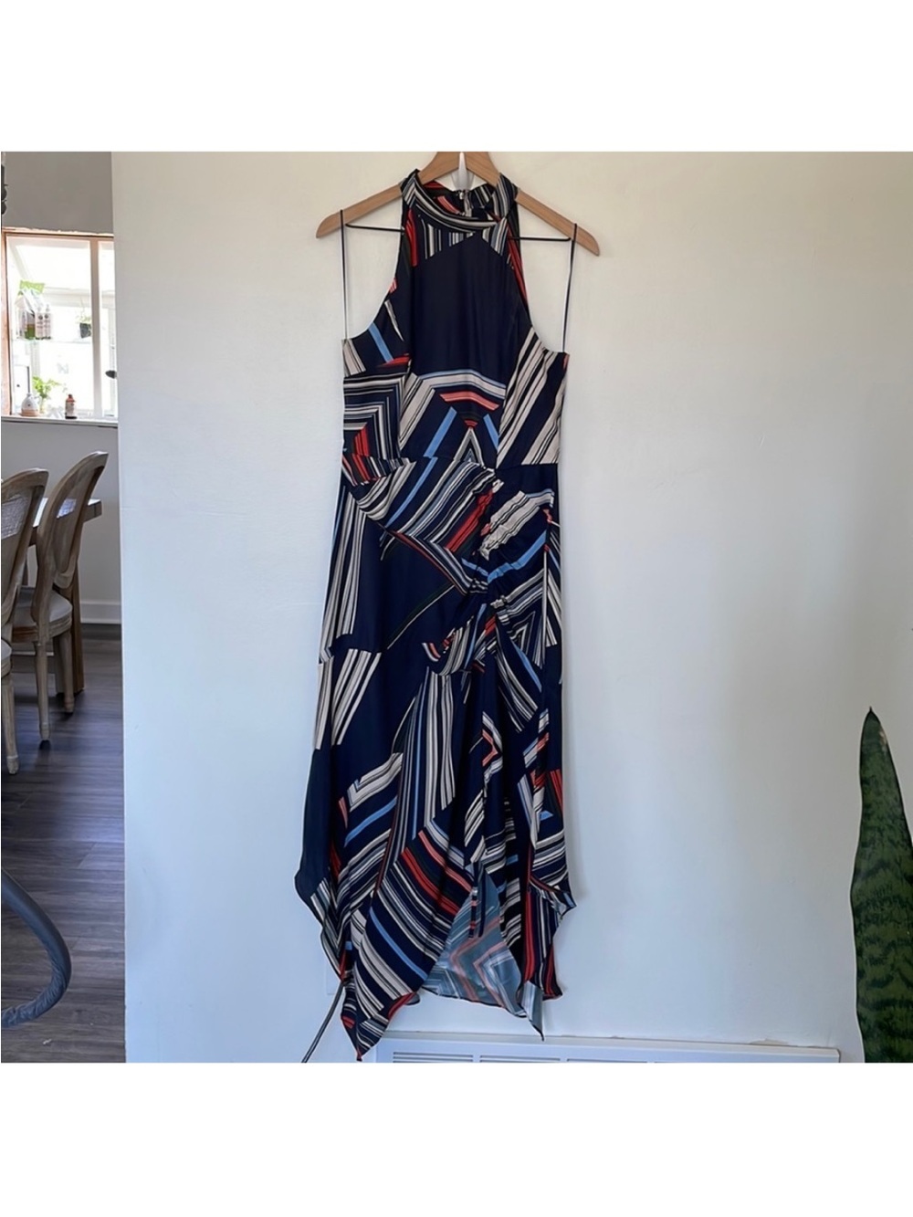 Parker 💯% Silk Halter Neck Handkerchief Hem Graphic Stripe Dress